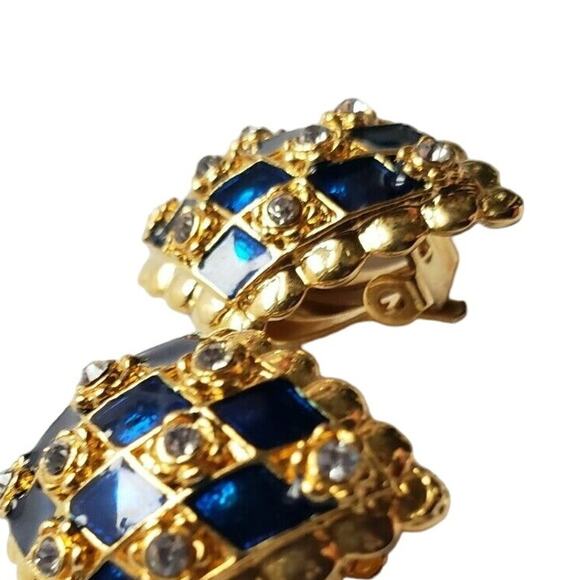 Blue Harlequin Clip On Earrings Rhinestone Enamel Gold Tone Diamond Shape 1980s - Picture 6 of 6